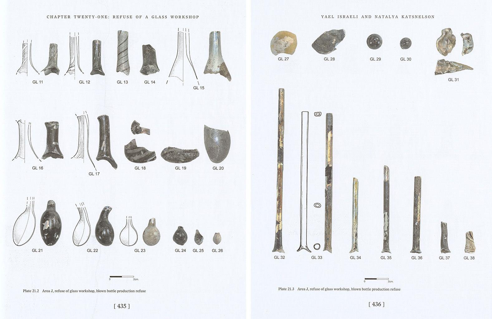 Diagram of various ancient glasswork refuse fragments including slender rods, curved pieces, and round disc shapes