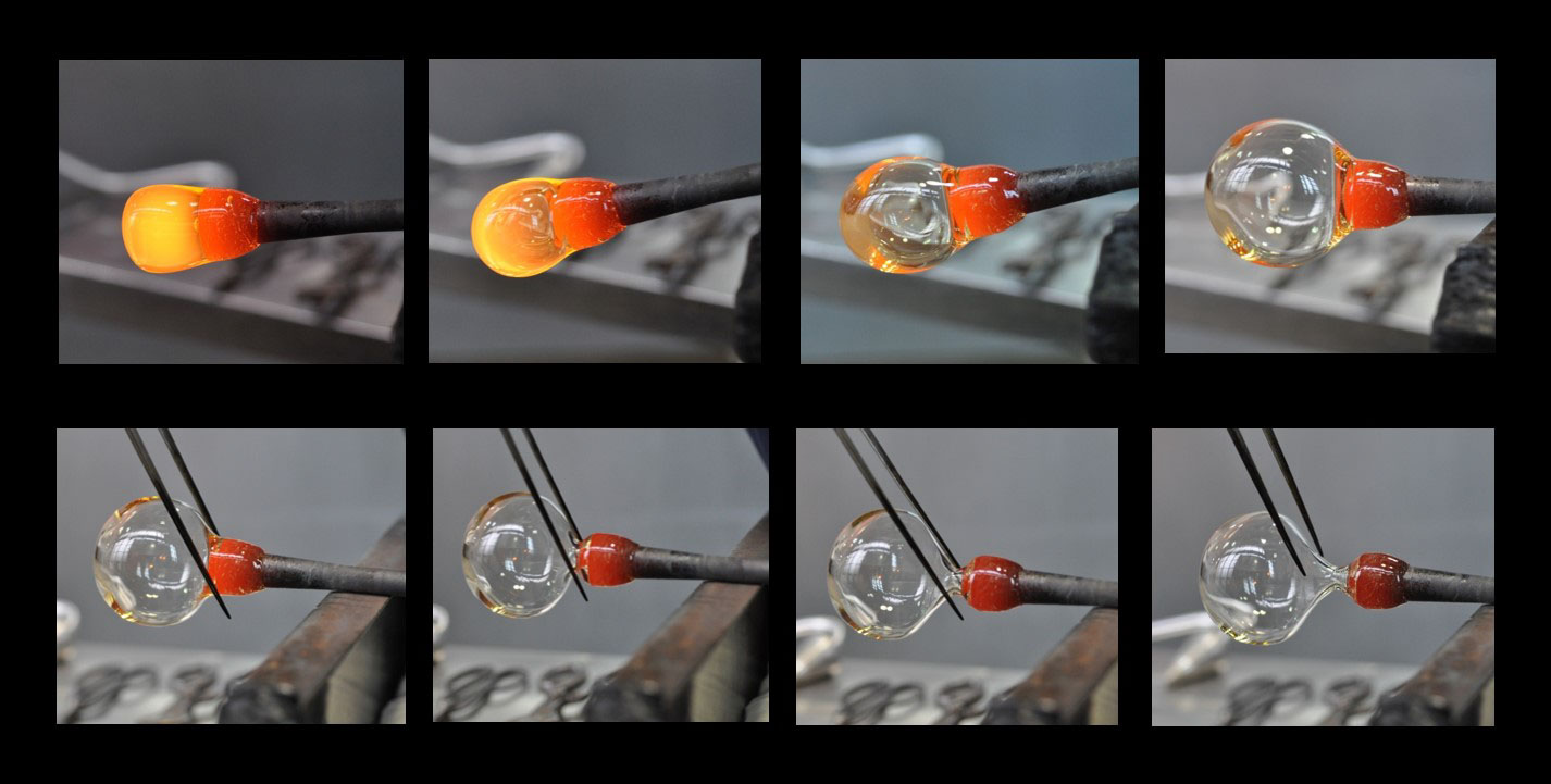 Sequence of images showing a hot glass bubble expanded and shaped