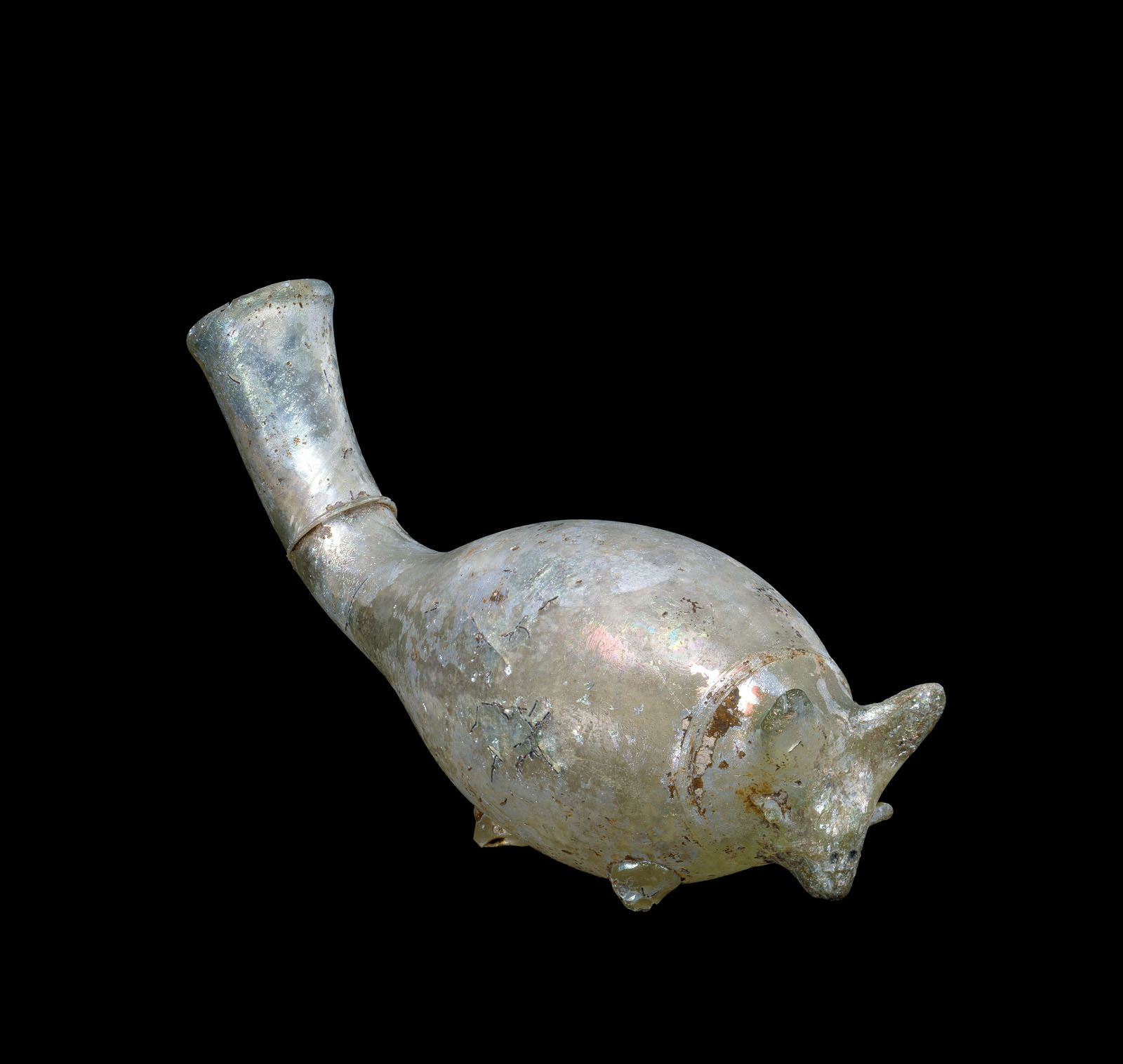 Translucent vessel with fat mouse-inspired shape with rounded, open tail; iridescent  surface from weathering