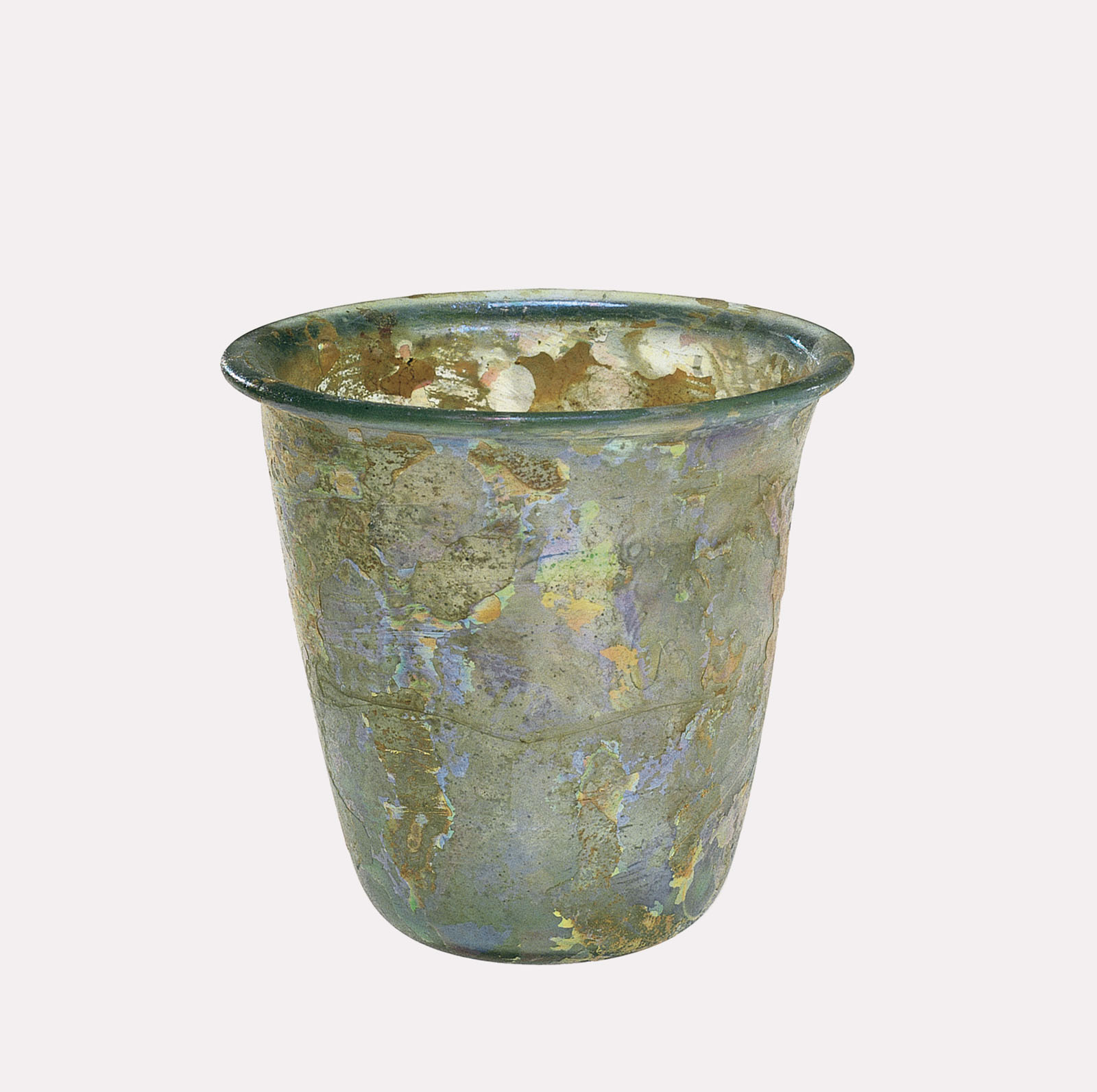 Simple-shaped, iridescent glass cup with a green rim